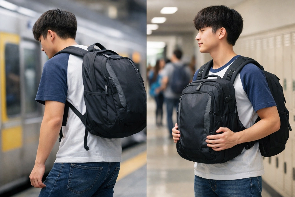 학생 가방, 앞으로 메는 것과 뒤로 메는 것 중 과연 어느 쪽이 척추 건강에 좋을까 a